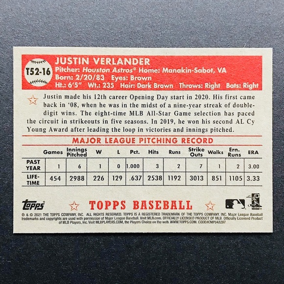 Justin Verlander - 2021 Topps '52 Topps Redux #T52-16 - Picture 2 of 2